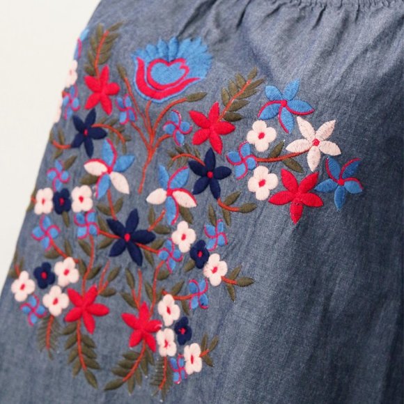 Max Studio 100% Cotton Floral Embroidered Off Shoulder Denim Chambray Dress M - Picture 12 of 15